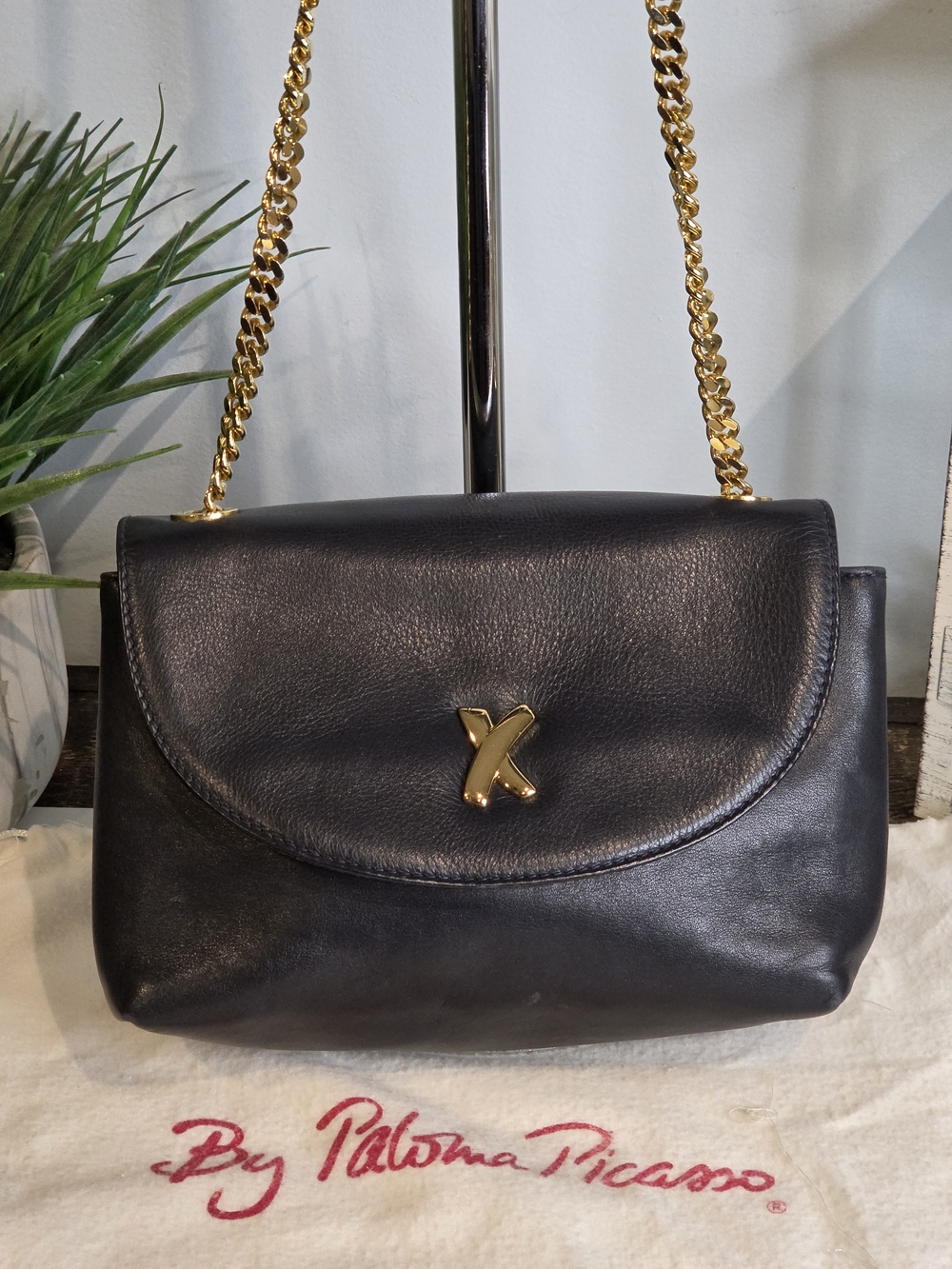 Paloma Picasso Navy Leather Gold Chain Shoulder Bag